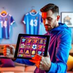 A man in a sports outfit holds a tablet with an online football slot on it