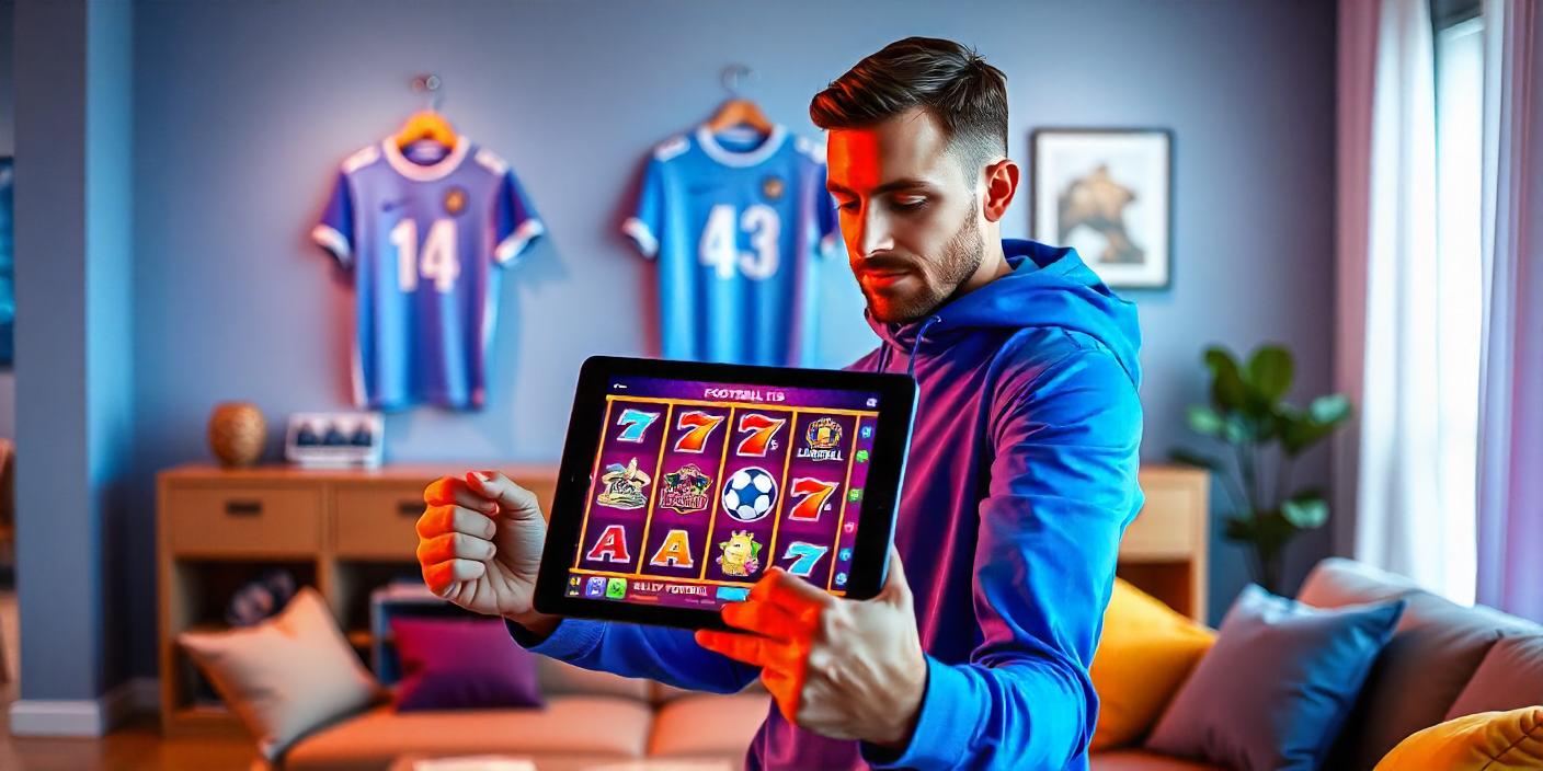 A man in a sports outfit holds a tablet with an online football slot on it