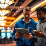 two men in sportswear holding tablets and discussing how many types of sports bets there are in casinos