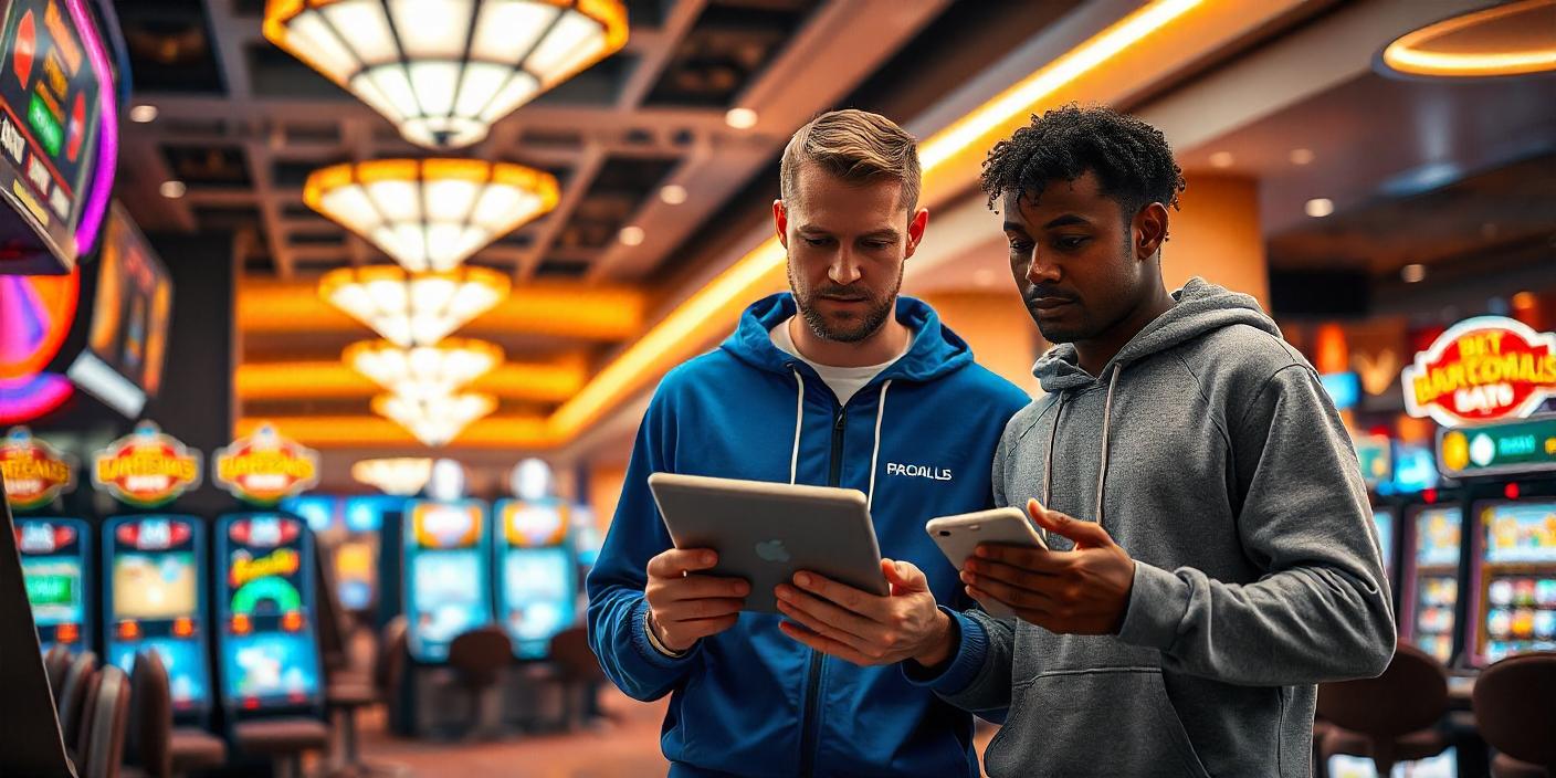 two men in sportswear holding tablets and discussing how many types of sports bets there are in casinos