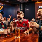 men in sports teams watching Champions League in a bar