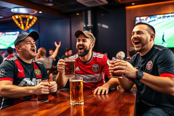 men in sports teams watching Champions League in a bar