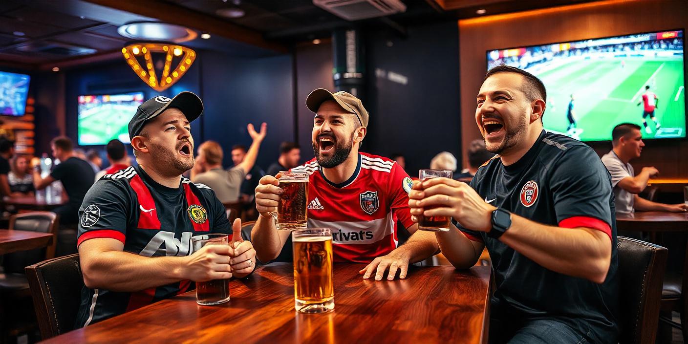 men in sports teams watching Champions League in a bar