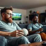 men playing virtual football on the couch at home