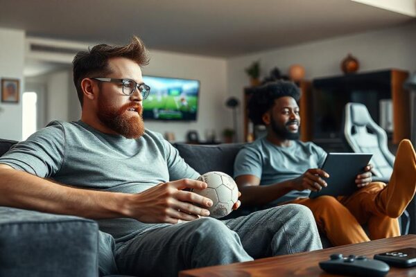 men playing virtual football on the couch at home