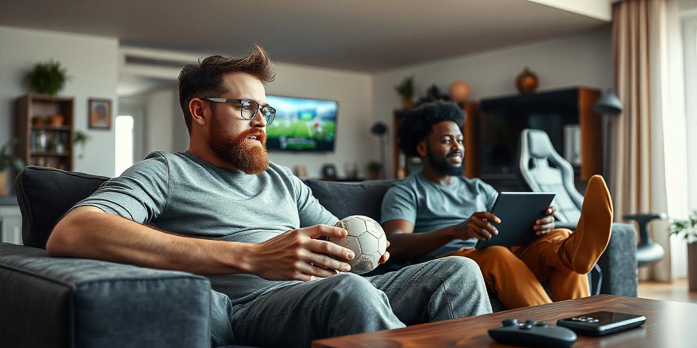 men playing virtual football on the couch at home