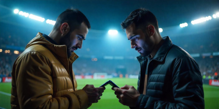 men bet on a football stadium on their phones