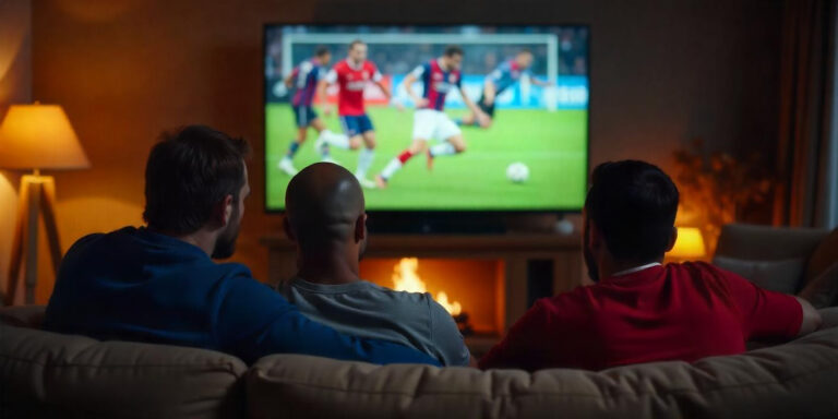 men watching a football match at home