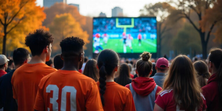football fans watching a match in a park